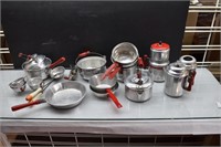 Antique Child's Aluminum Red Handled Cooking Set