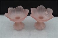 Pair Westmoreland Frosted Pink Lotus Candle Holder