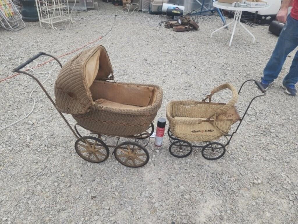 Two old wicker & doll strollers.