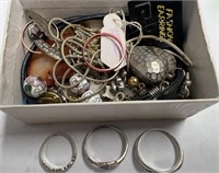 Box w/3 Rings Marked .925 and Assorted Earrings