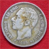 1885 Spanish Silver 5 Pesetas