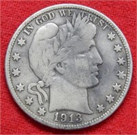 1913 D Barber Silver Half Dollar