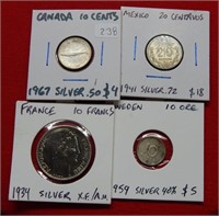 (4) Foreign Silver Coins-Canada-France-Mexico &