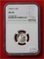 1940 S Mercury Silver Dime NGC MS66