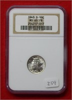 1943 D Mercury Silver Dime NGC MS65 FB