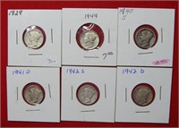 (6) Mercury Silver Dimes-1929-1944-1940S-1942D&S