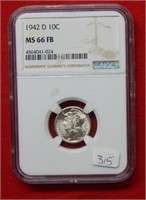 1942 D Mercury Silver Dime NGC MS66 FB