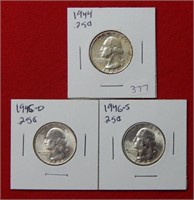 (3) Washington Silver Quarters-1944-1945D-1946S