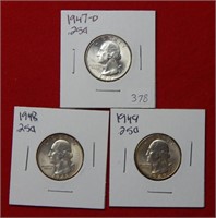 (3) Washington Silver Quarters-1947D-1948-1949