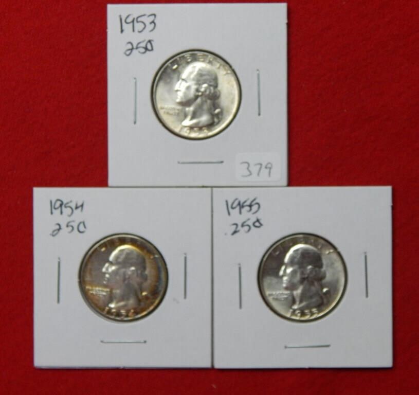 (3) Washington Silver Quarters-1953-1954-1955