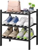 Small Shoe Rack for Entryway,3-Tier Black Bamboo