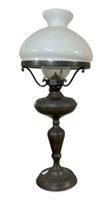Vintage Pewter style Milk Glass Oil Lamp