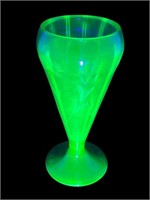 Uranium Vaseline cut etched glass footed vase
