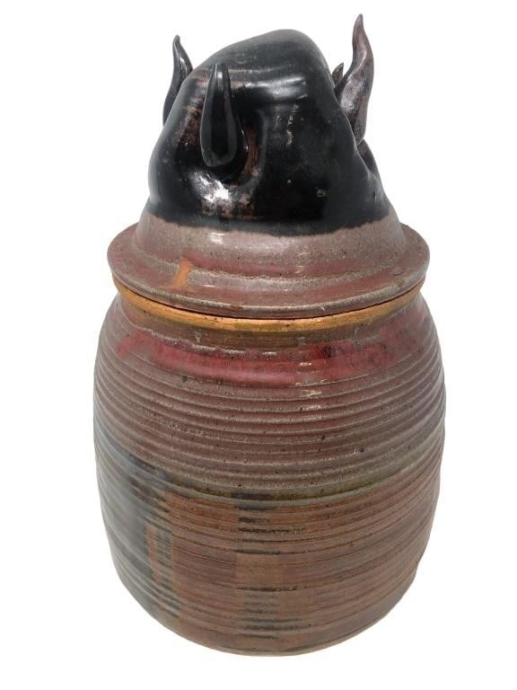 Antique Wick Works Pottery lidded jar canister
