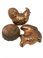 Copper cake or jello molds rooster chickens fish