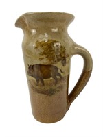 Primitive Pottery Pitcher With Painted Boars