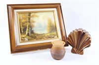 Signed Canvas Artwork, Shell Puzzle Box, Pottery