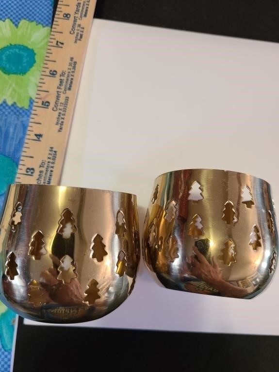 2 Vintage Brass Round Candle Holder With Trees