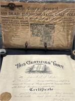 AUTHENTICATED 1924 NEWS PAPER & 1916 H.S. DIPLOMA