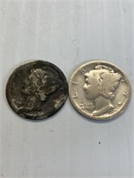 Lot of 2  Mercury Silver Dimes 1918(?) 1925P