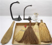 2 Cast Iron String Holders & Whisk Brooms