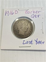 1916D Barber Silver Quarter Last year of mint
