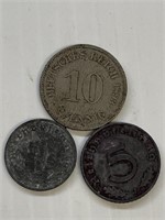 Lot Of 3 German Coins- 189310pf',1941 5pf,1942 1pf