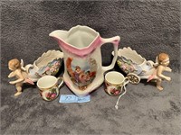Old World Decor Pitcher, Cups and Figurines