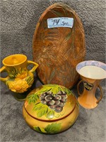 Vtg. ceramic pcs (Roseville) + craved wood tray