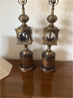 Mid-Century Brass & Wood Lamps