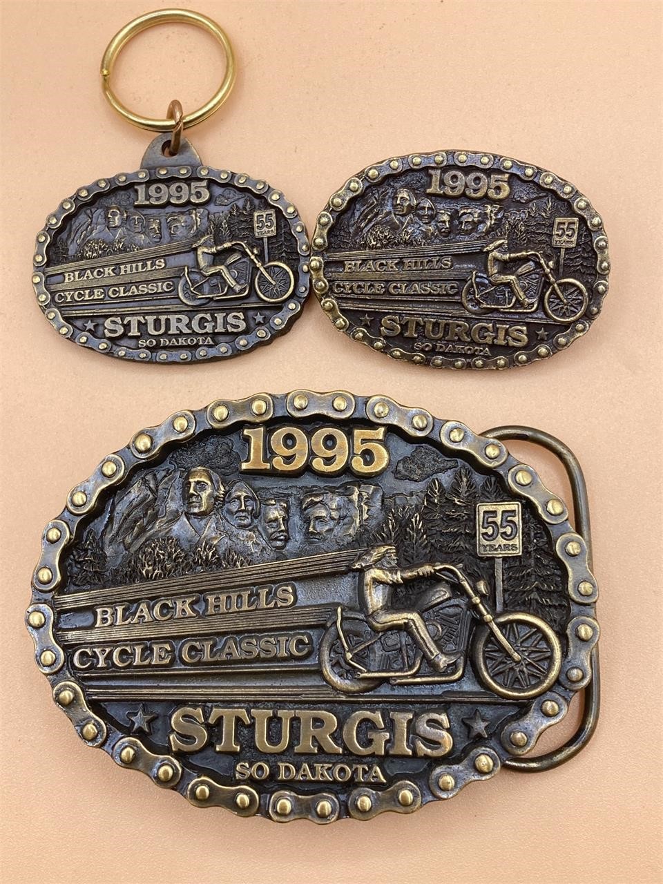 Sturgis ‘95 Brass Belt Buckle Pin & Keychain Set