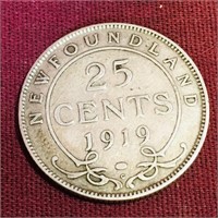 Silver 1919 Newfoundland 25 Cent Coin