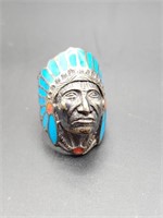 Turquoise & Red Enamel & Silver Ring. Size 8.