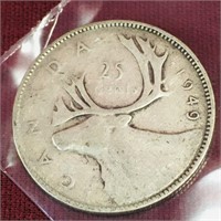 Silver 1949 Canada 25 Cent Coin