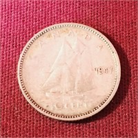 Silver 1947 Canada 10 Cent Coin