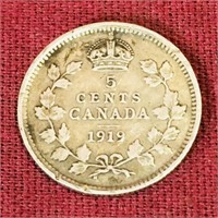 Silver 1919 Canada 5 Cent Coin