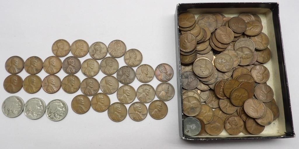 150+ Wheat Cents & 3 Buffalo Nickels