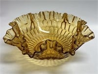 Fenton Amber Ruffled Edge Thumbprint Bowl 12”