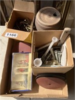 Box of nails, sandpaper, hardware, barrel