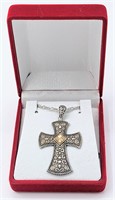 8K Gold Antique Cross 2" Sterling Detail Necklace