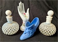 Pottery Shoe, Fenton Hobnail Perfume Bottles