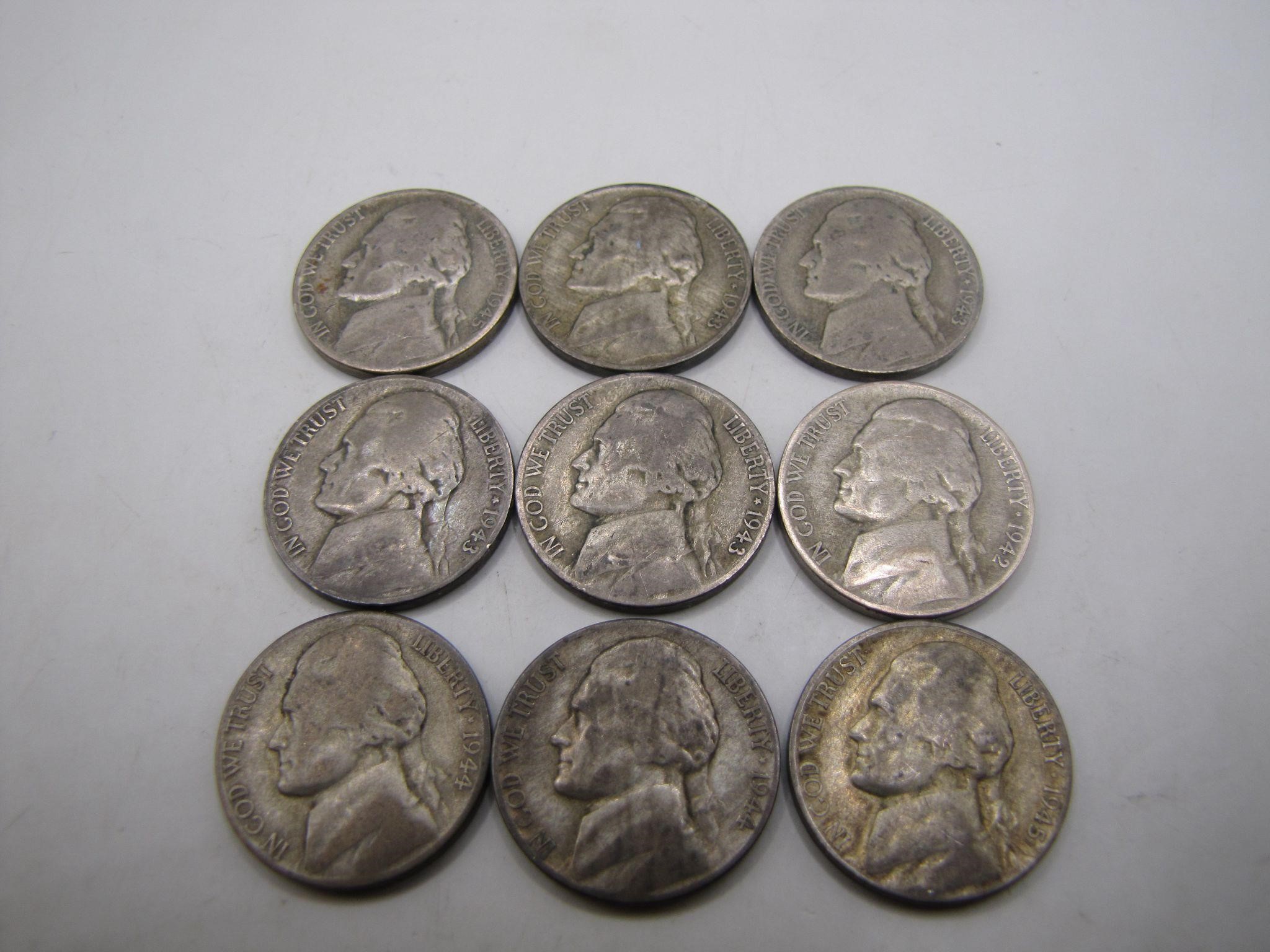Lot of 9 WWII P & S Mints Jefferson Silver Nickels