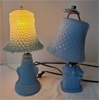 2 Blue Glass Dresser Lamps, Vintage