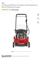 Toro Recycler 21" 60V Battery Operated Lawnmower