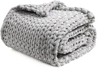 YnM Chenille Chunky Knit Weighted Blanket, Lt Grey