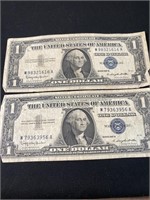 2 1957 B Blue Seal Dollars