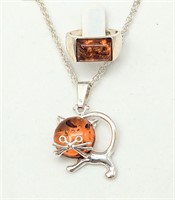 2 pcs Amber Sterling Funky Cat Necklace Amber Ring