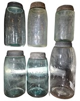 (6) Antique Masons 1858 Patent Glass Canning Jars