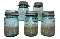 (5) Antique Blue Glass Ball Canning Jars