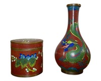 (2)pcs Vintage Cloisonné Dragon Vase & Lidded Box